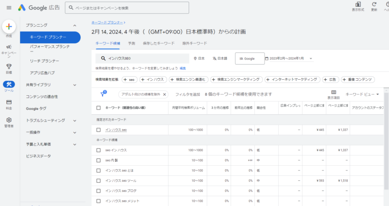 Googleキーワードプランナーで「インハウスSEO」というキーワードを調べた結果の画面