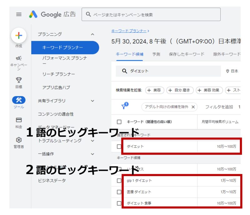 Googleキーワードプランナーの画面