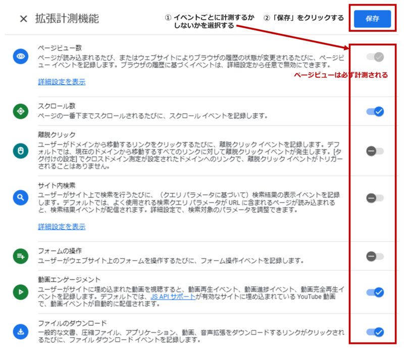 手順5）計測したいイベントのトグルをONにし「保存」をクリックする