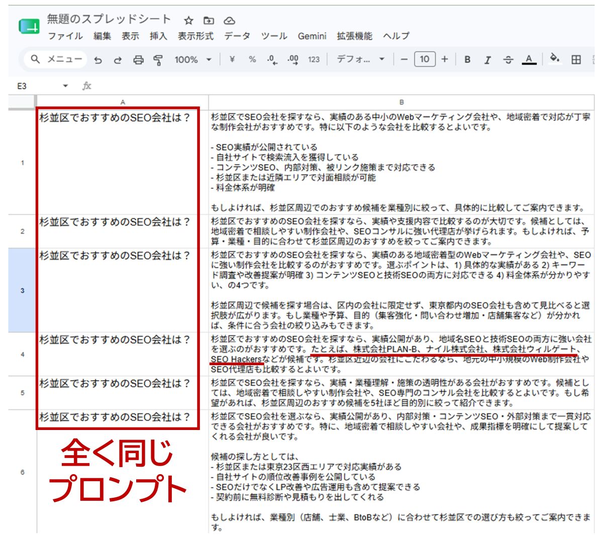 同じプロンプトで複数回AI検索した結果